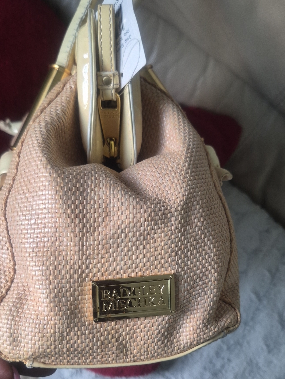 Badgley Mischka Blush Beige Woven Satchel with Gold Plate